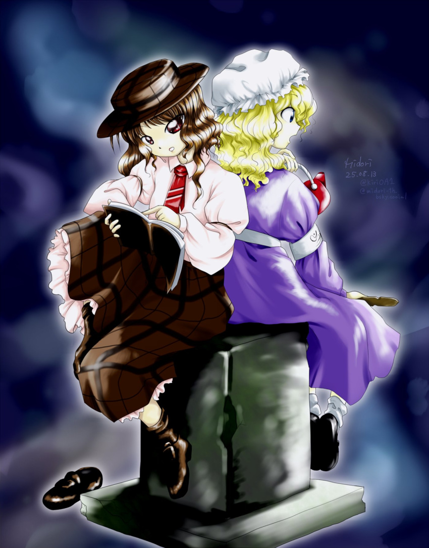 2girls, armband, blonde_hair, blue_eyes, book, bow, brown_eyes, brown_hair