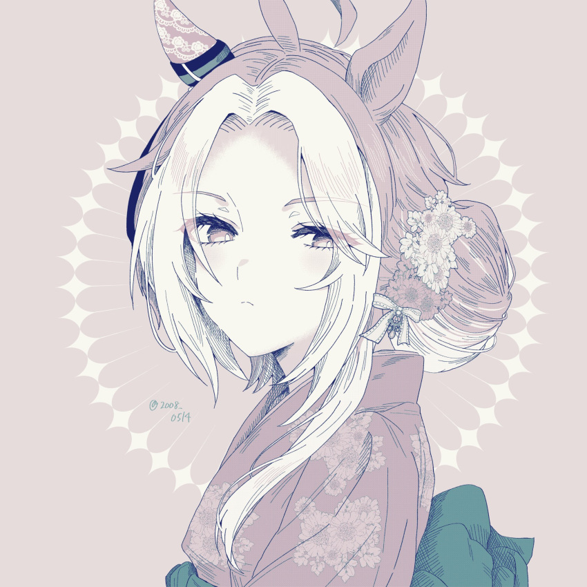 1girl, 2008_0514, ahoge, animal_ears, closed_mouth, ear_covers, floral_print, floral_print_kimono, green_sash, hair_bun, highres, horse_ears, horse_girl, japanese_clothes, kimono, long_hair, looking_at_viewer, multicolored_hair, orange_hair, orfevre_(umamusume), print_kimono, sash, single_ear_cover, solo, two-tone_hair, umamusume, upper_body, white_hair