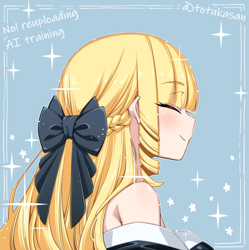 1girl, ^_^, bare_shoulders, black_dress, black_ribbon, blonde_hair, blunt_bangs, braid