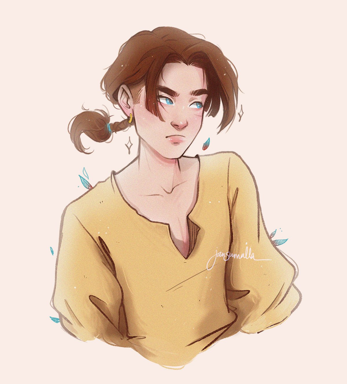 1boy, blue_eyes, brown_hair, highres, jansumalla, jim_hawkins, male_focus, ponytail