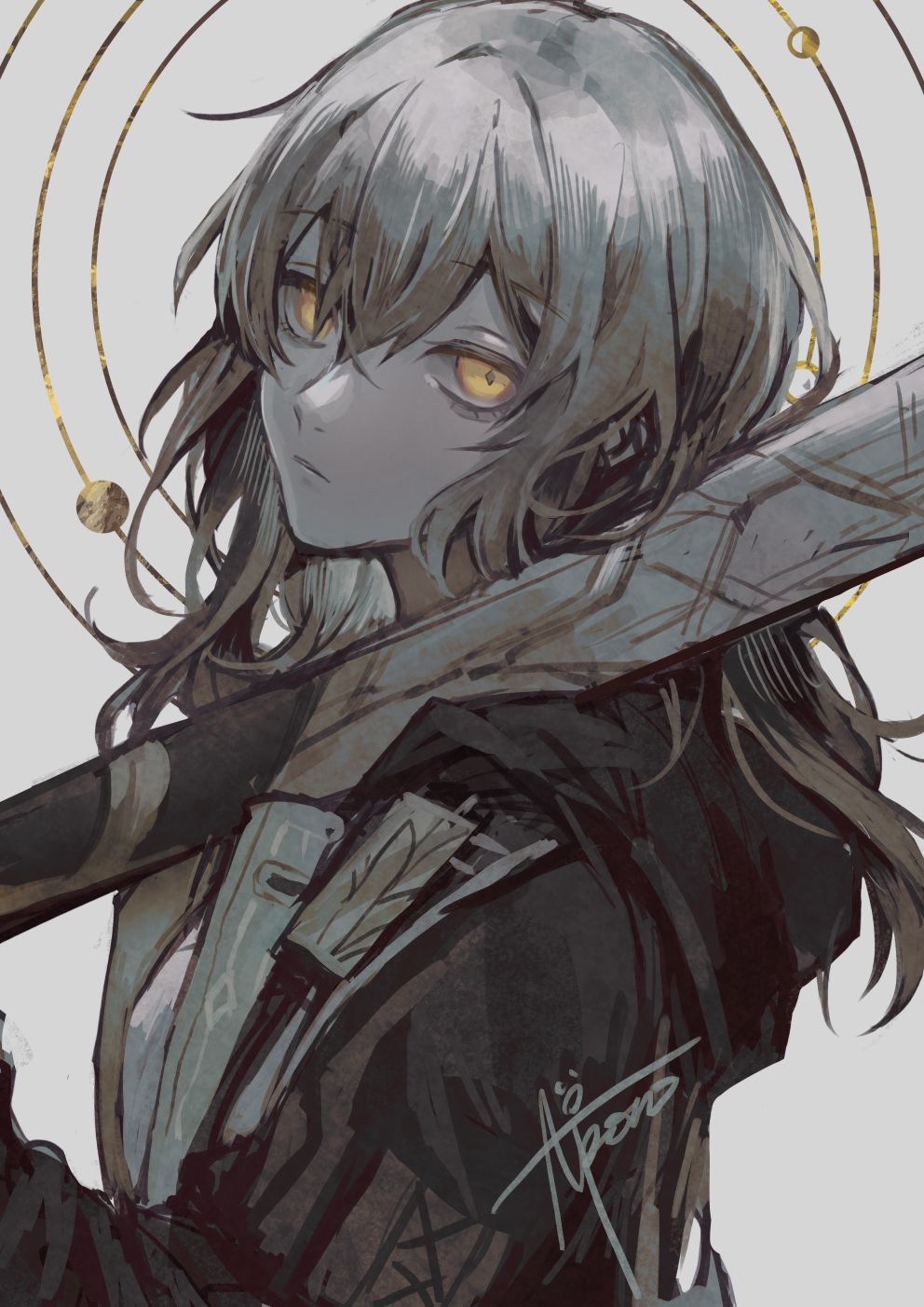 1girl, baseball_bat, black_jacket, closed_mouth, commentary_request, gensou_aporo, grey_background, grey_hair