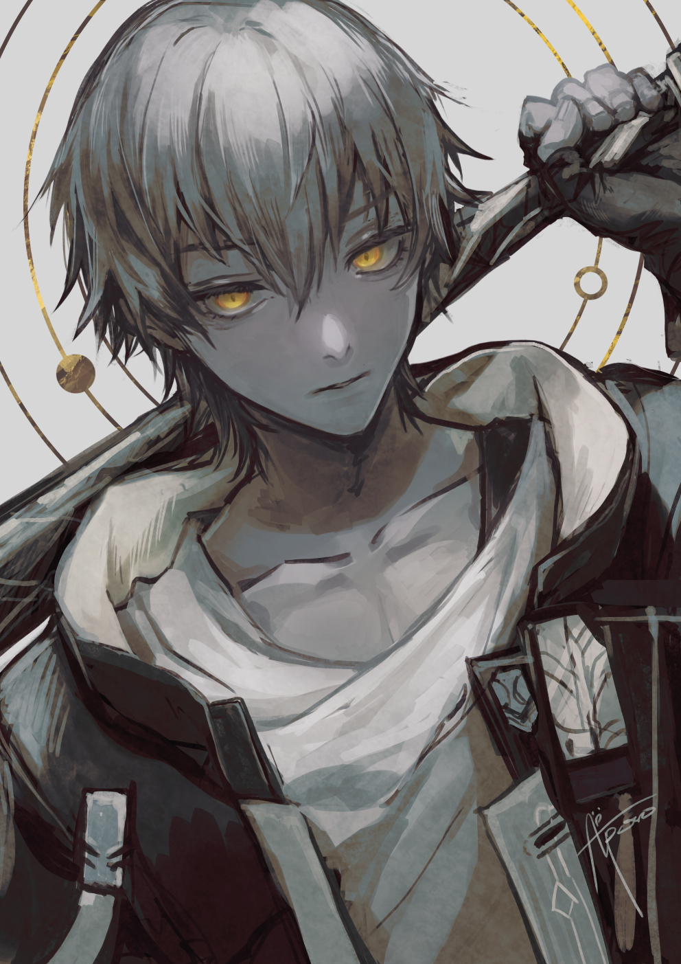 1boy, baseball_bat, black_jacket, caelus_(honkai:_star_rail), commentary_request, gensou_aporo, grey_background, grey_hair