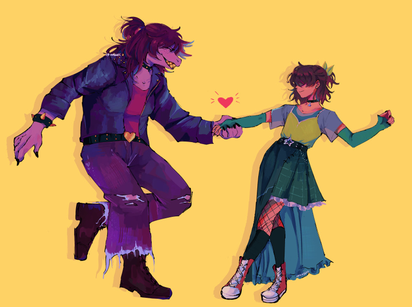 1girl, 1other, absurdres, alternate_costume, alternate_hairstyle, black_jacket, bracelet, brown_hair, collar, colored_skin, dancing, dress, fishnets, full_body, hair_over_eyes, highres, holding_hands, jacket, jewelry, kris_(deltarune), light_smile, nebbeli, pants, pink_skin, ponytail, soul_(deltarune), spiked_bracelet, spiked_collar, spikes, straight-on, susie_(deltarune), teeth, torn_clothes, torn_pants, yellow_background