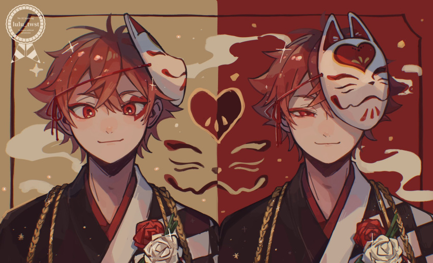 ace_trappola, closed_mouth, flower, highres, looking_at_viewer, lulu_twst, male_focus, mask, mask_on_head, red_eyes, red_flower, red_hair, red_rose, rose, smile, twisted_wonderland, watermark, white_flower, white_rose