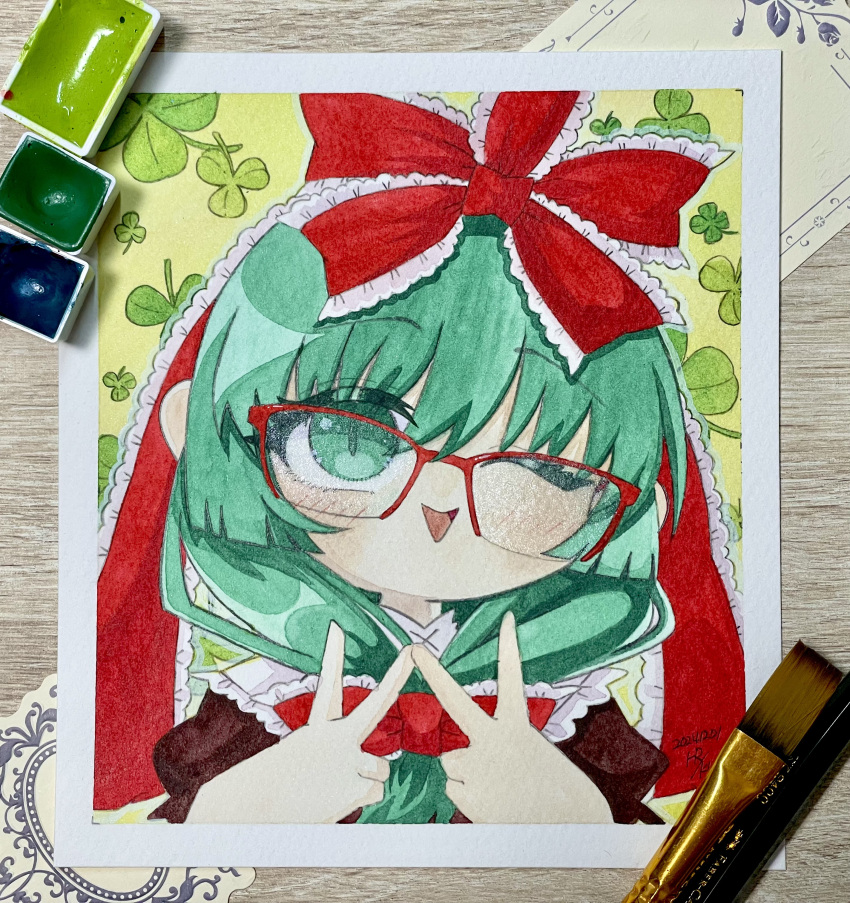 1girl, absurdres, art_tools_in_frame, bespectacled, clover, double_inward_v, frilled_ribbon, frills