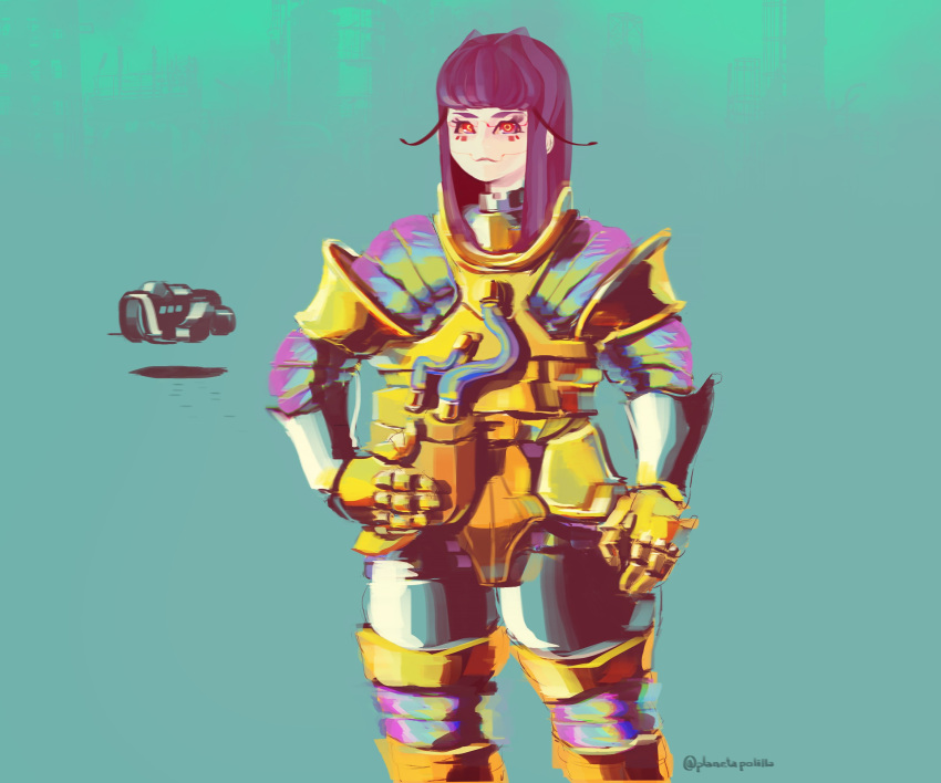 1girl, absurdres, antennae, armor, artist_name, blunt_bangs, colored_sclera, english_commentary