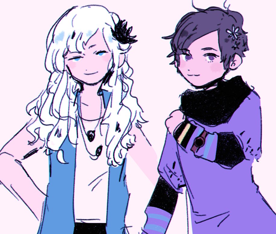 2girls, :3, alternate_hair_length, alternate_hairstyle, black_flower, blue_eyes, blue_jacket, blush, chaie, closed_mouth, dress, eyelashes, flower, hair_flower, hair_ornament, jacket, kurashiki_akane, kyokugen_dasshutsu, kyokugen_dasshutsu:_9_jikan_9_nin_9_no_tobira, kyokugen_dasshutsu_adv:_zennin_shibou_desu, long_hair, long_sleeves, multiple_girls, open_clothes, open_jacket, phi_(kyokugen_dasshutsu), purple_dress, purple_hair, shirt, short_hair, simple_background, sleeveless, sleeveless_jacket, sleeveless_shirt, smile, split_mouth, very_short_hair, violet_eyes, watch, watch, white_background, white_hair, white_shirt