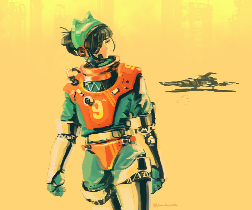 1girl, absurdres, animal_ear_helmet, animal_helmet, armor, artist_name, black_hair, blue_bodysuit