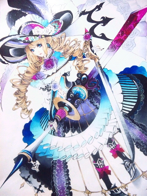 dress, drill_hair, hat, joe_konishi, long_hair, original, sword, weapon