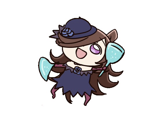 1girl, :d, animal_ears, animated, animated_gif, anonymous_(japanese), blue_flower, blue_rose, chibi, dancing, derivative_work, dress, flipped_hair, flower, full_body, hair_over_one_eye, hat, hat_flower, himouto!_umaru-chan, horse_ears, horse_girl, horse_tail, kakushin-teki_metamorphose!, long_hair, looping_animation, off-shoulder_dress, off_shoulder, rice_shower_(rosy_dreams)_(umamusume), rice_shower_(umamusume), rose, simple_background, smile, solo, tail, third-party_source, tilted_headwear, transparent_background, umamusume, umamusume_tanuki, violet_eyes