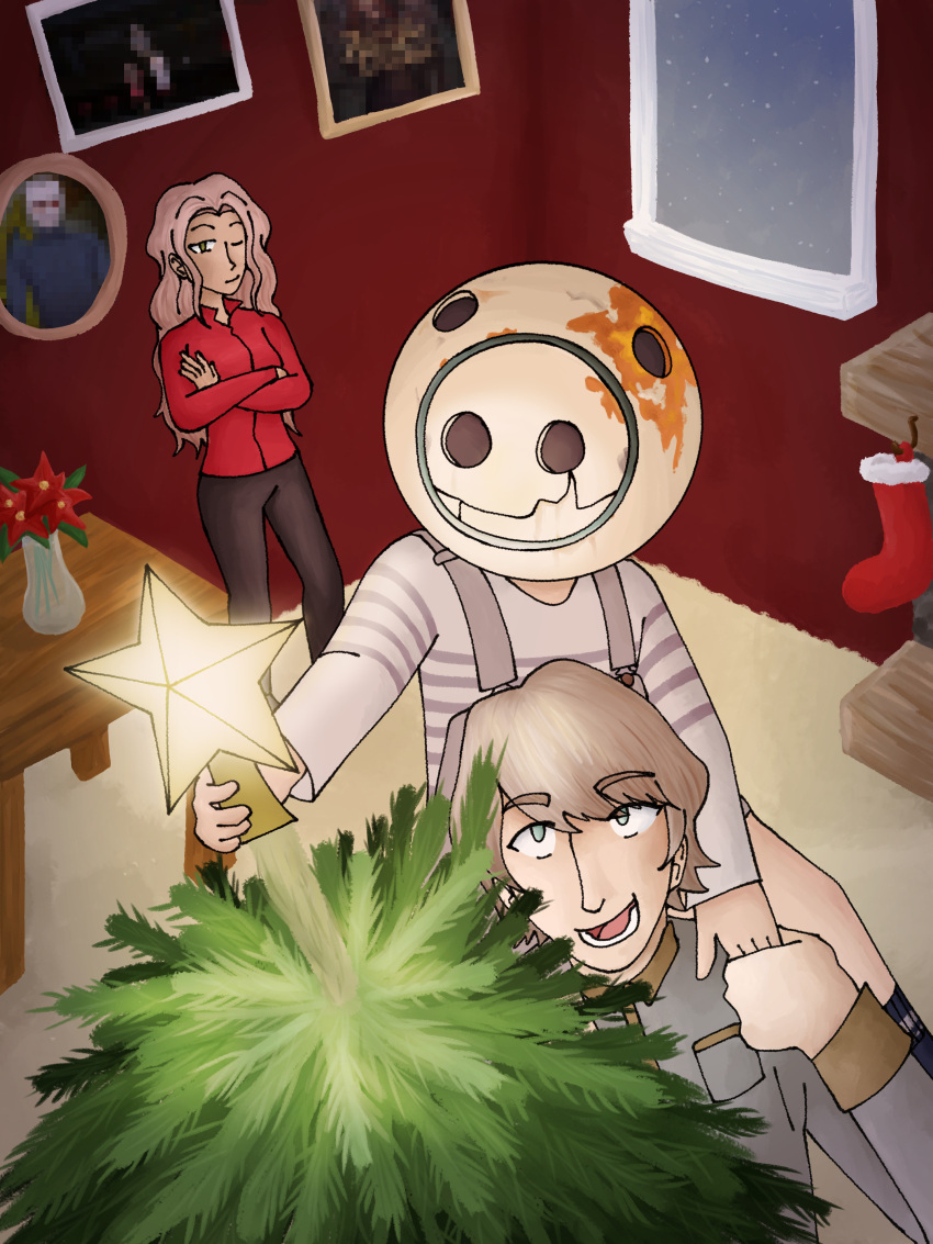 1girl, 2boys, absurdres, black_pants, breast_pocket, brown_hair, carrying, christmas, christmas_stocking, christmas_tree, closed_mouth, commentary, crack, crossed_arms, delta_(kyokugen_dasshutsu), english_commentary, eric_(kyokugen_dasshutsu), flower, game_screenshot_inset, gift_art, grey_eyes, grey_overalls, grey_shirt, helmet, highres, holding, indoors, jacket, kyokugen_dasshutsu, long_hair, long_sleeves, lower_teeth_only, mira_(kyokugen_dasshutsu), multiple_boys, official_art_inset, one_eye_closed, open_mouth, overalls, pants, picture_frame, piggyback, pixelated, pocket, q_(kyokugen_dasshutsu), red_flower, red_jacket, rust, screenshot_inset, second-party_source, shirt, smile, striped_clothes, striped_shirt, table, teeth, thateyeballguy, tree-topper, vase, white_shirt, window, wooden_table, zero_escape:_toki_no_dilemma