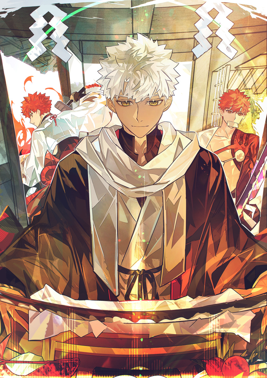 3girls, absurdres, black_haori, black_kimono, cape, dark-skinned_male, dark_skin, eeju