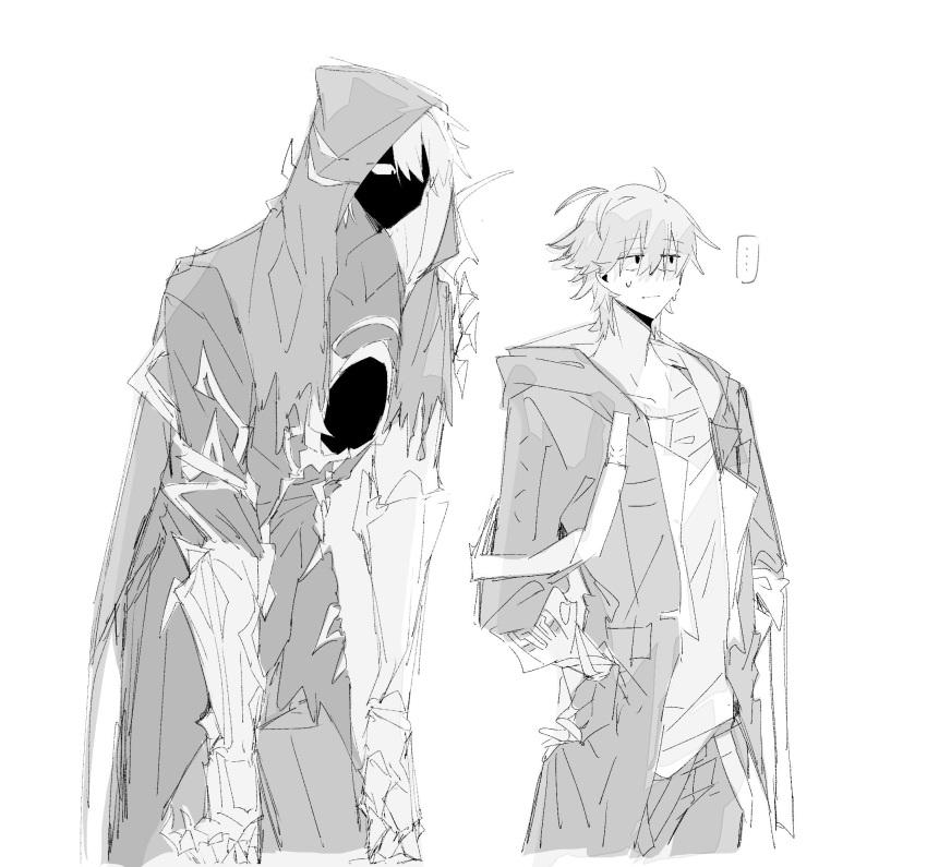 ..., 2boys, ahoge, arm_ribbon, armor, bodysuit, caelus_(honkai:_star_rail), cape