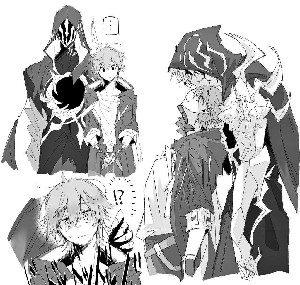 !?, ..., 2boys, ahoge, armor, belt, bodysuit, broken_skin