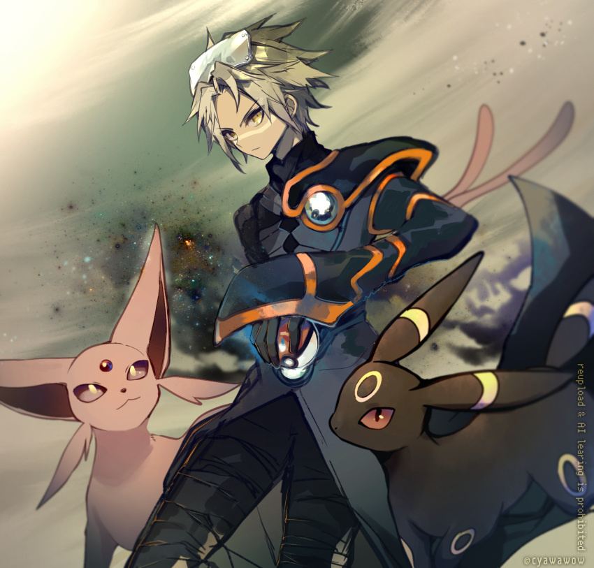1boy, black_gloves, black_pants, brown_eyes, closed_mouth, cyawa, espeon, gloves