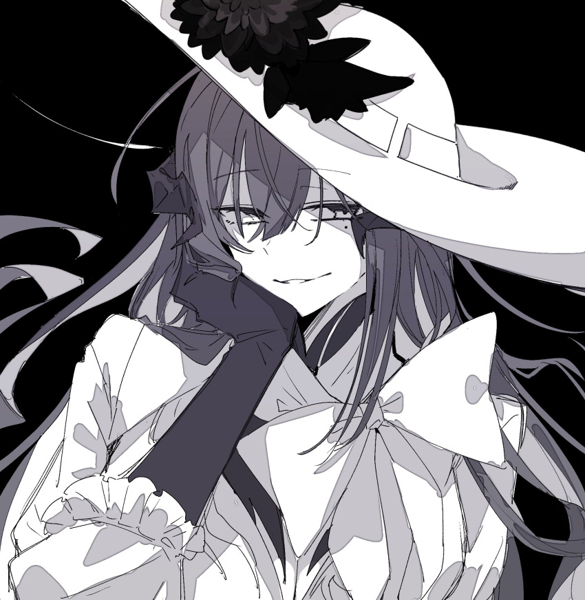 1girl, bow, breasts, demon_horns, dress, elbow_gloves, flower, frills