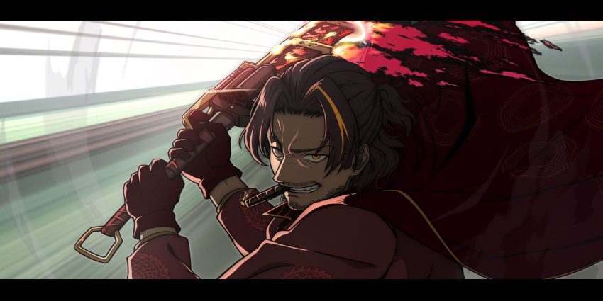 1boy, brown_hair, coat, coat_on_shoulders, commentary_request, facial_hair, gloves, grin, highres, holding, holding_sword, holding_weapon, korean_commentary, lamanchabb, lei_heng_(project_moon), letterboxed, limbus_company, male_focus, mang_(project_moon), multicolored_hair, mustache, project_moon, red_gloves, smile, solo, streaked_hair, swinging_weapon, sword, upper_body, weapon
