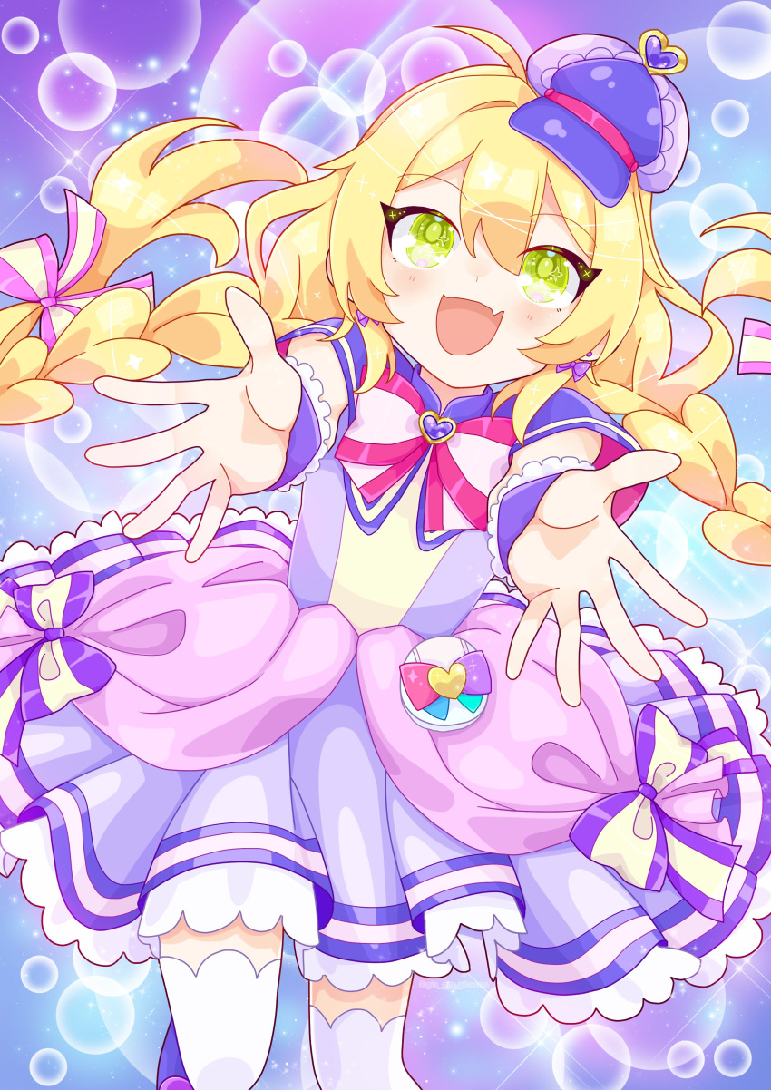 1girl, :d, absurdres, ahoge, blonde_hair, blue_background, blush, bow
