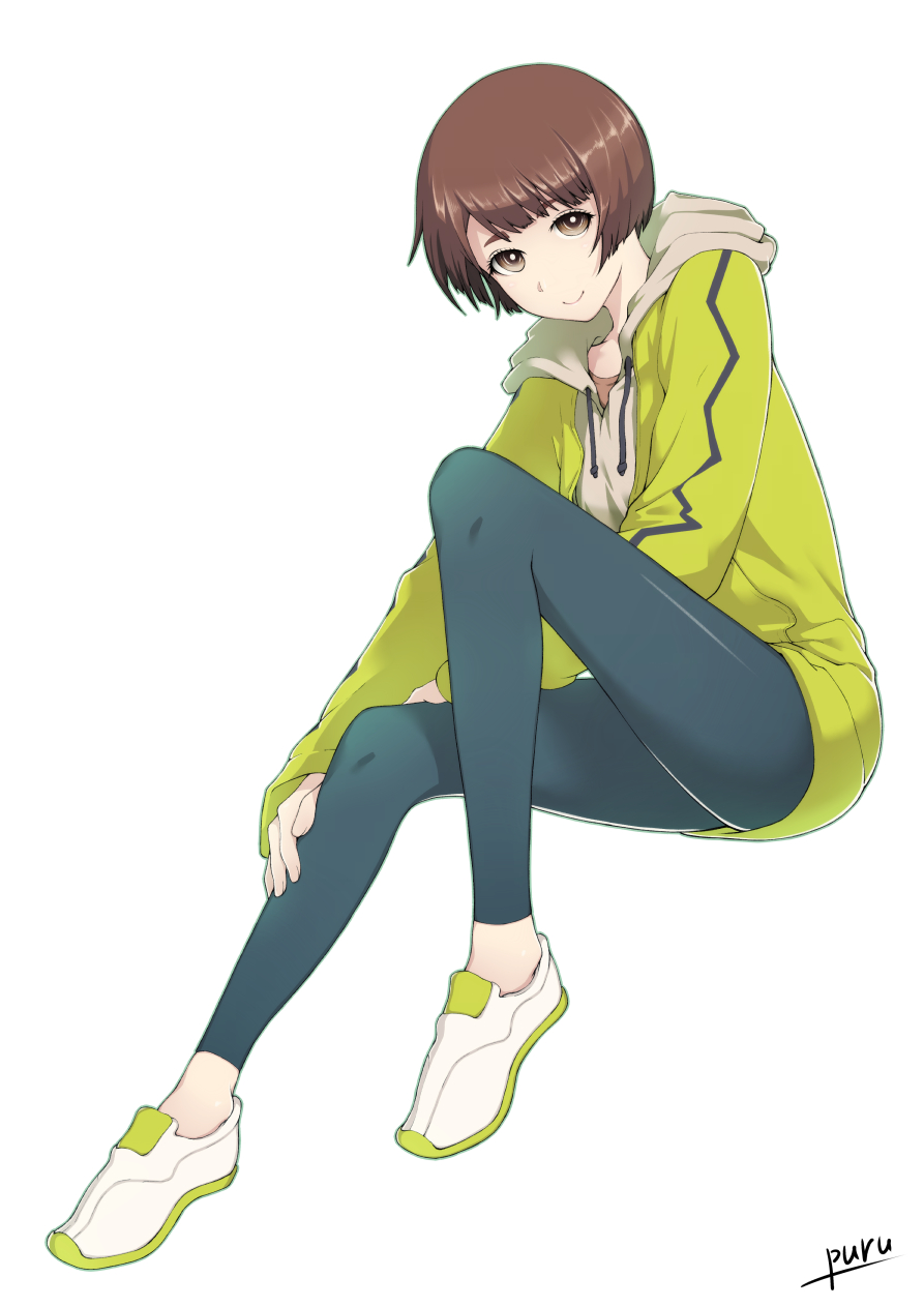 1girl, black_leggings, brown_eyes, brown_hair, full_body, green_jacket, green_shoes, highres