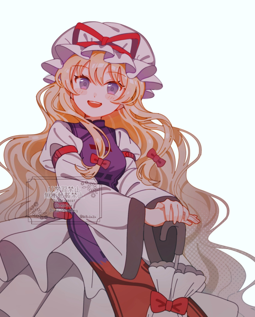 1girl, :d, blonde_hair, blush, bow, commentary_request, cowboy_shot, dress