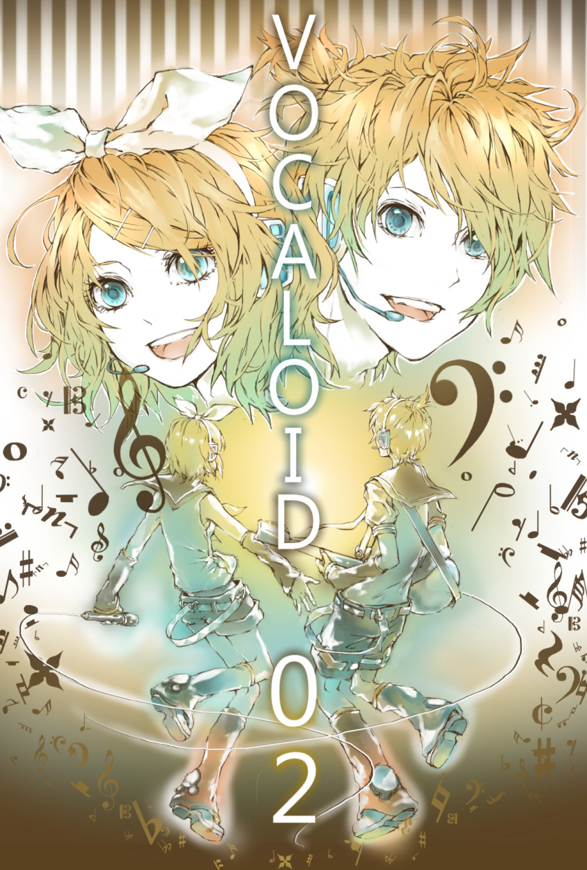 blonde_hair, blue_eyes, brother_and_sister, ena1215, face, guitar, hair_ornament, hair_ribbon, hairclip, headphones, headset, highres, instrument, kagamine_len, kagamine_rin, leg_warmers, microphone, ribbon, short_hair, siblings, smile, twins, vocaloid