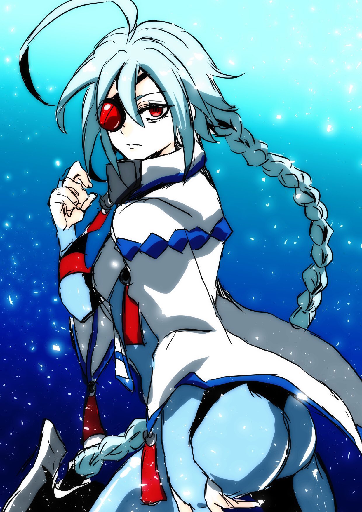1girl, ahoge, ass, bags_under_eyes, blazblue, blue_background, blue_bodysuit, bodysuit, braid, braided_ponytail, bridal_gauntlets, cloak, closed_mouth, collar, commentary, demekin0206, eyepatch, highres, huge_ahoge, long_hair, looking_at_viewer, nu-13, red_eyes, single_braid, solo, white_cloak