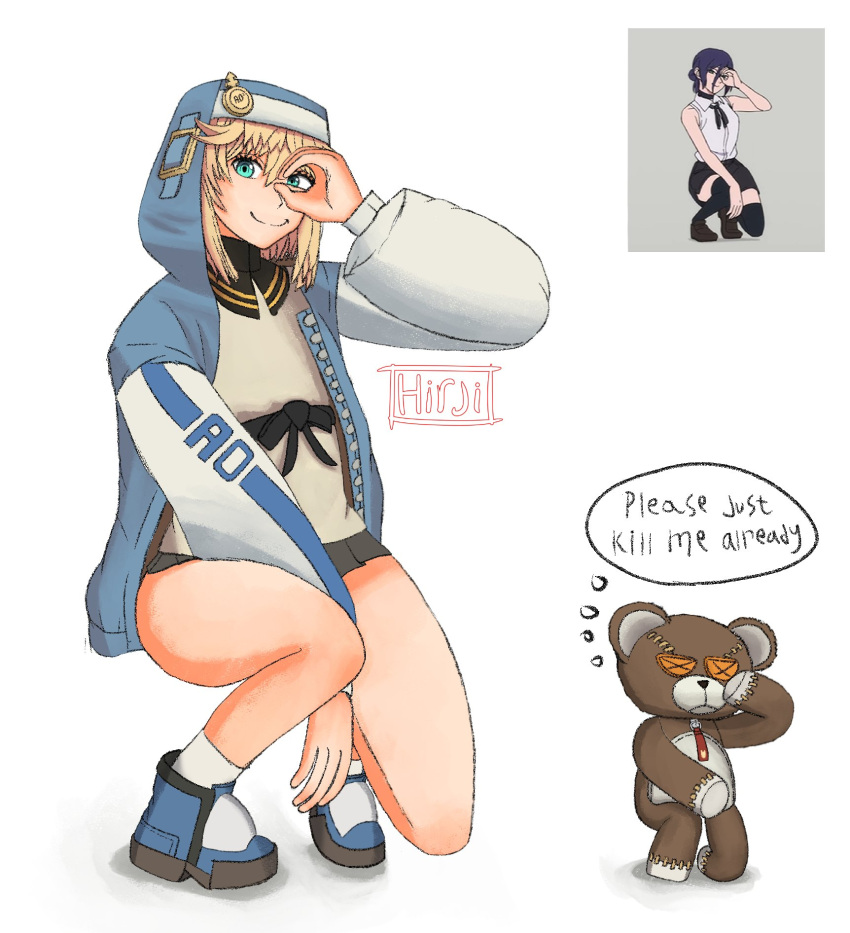 1girl, androgyne_symbol, blonde_hair, blue_hoodie, blue_shoes, bridget_(guilty_gear), chainsaw_man, commentary