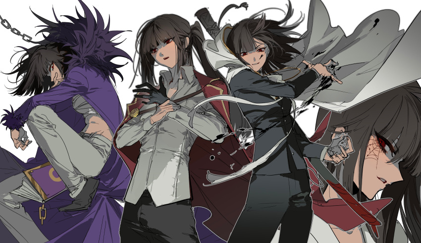 4girls, absurdres, black_gloves, black_hair, black_pants, black_shoes, black_suit, cape