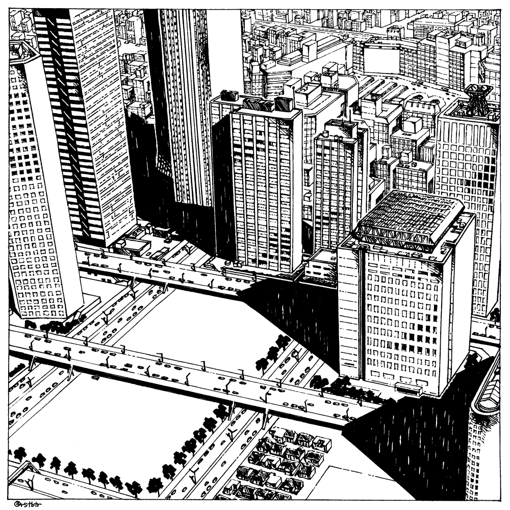 bridge, building, city, commentary_request, greyscale, lineart, monochrome, no_humans, original, outdoors, photo-referenced, real_world_location, risetto_botan_renda, road, scenery, shadow, shinjuku_(tokyo), skyscraper, street, tokyo_(city), traditional_media, twitter_username