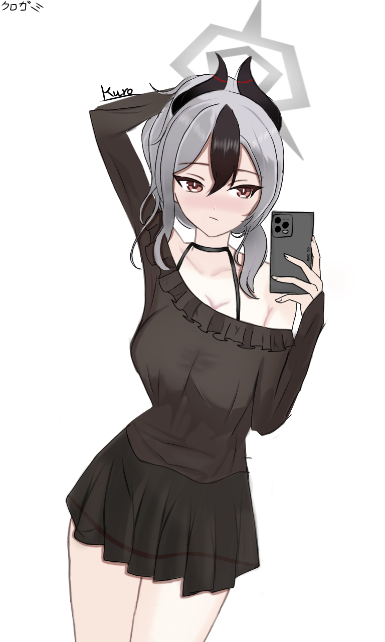 black_skirt, blue_archive, collarbone, commentary_request, halo, highres, horns, kayoko_(blue_archive), kurogami_fuyuki, off_shoulder, skirt