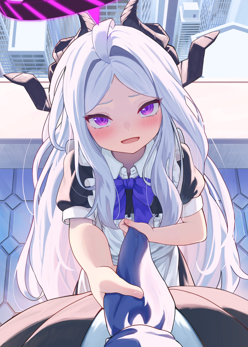 1boy, 1girl, absurdres, ahoge, black_halo, blue_archive, building, commentary_request