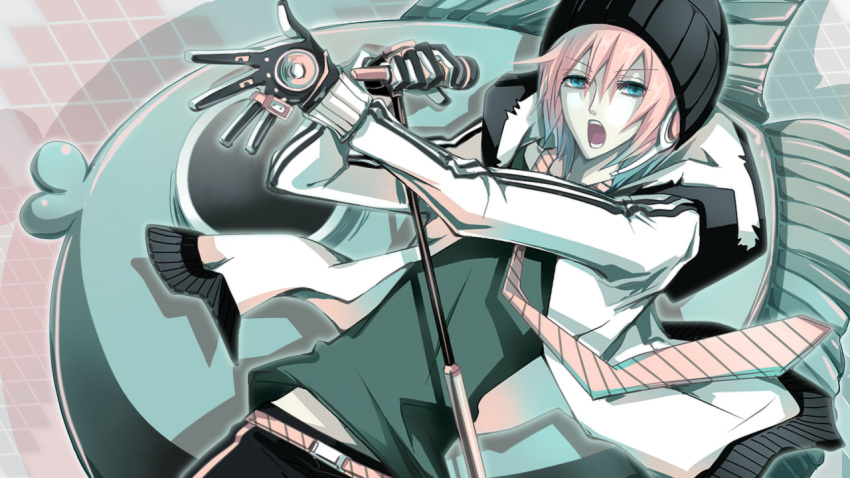 alternate_eye_color, arm_up, beanie, black_gloves, blue_eyes, bonnet, dutch_angle, fish