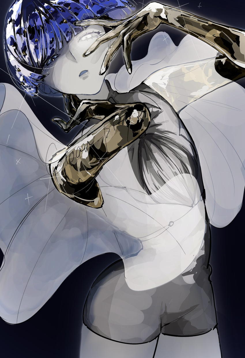 blue_eyes, blue_hair, glowing, glowing_eye, goan_pizya, golden_arms, heterochromia, highres, houseki_no_kuni, moon_uniform_(houseki_no_kuni), phosphophyllite_(ll), shorts, sleeveless, white_eyes