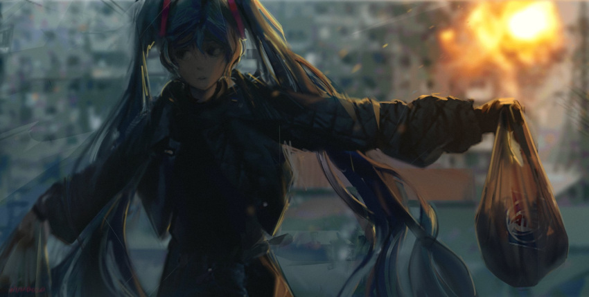 1girl, aqua_hair, atb, bag, casual, city, cityscape, explosion