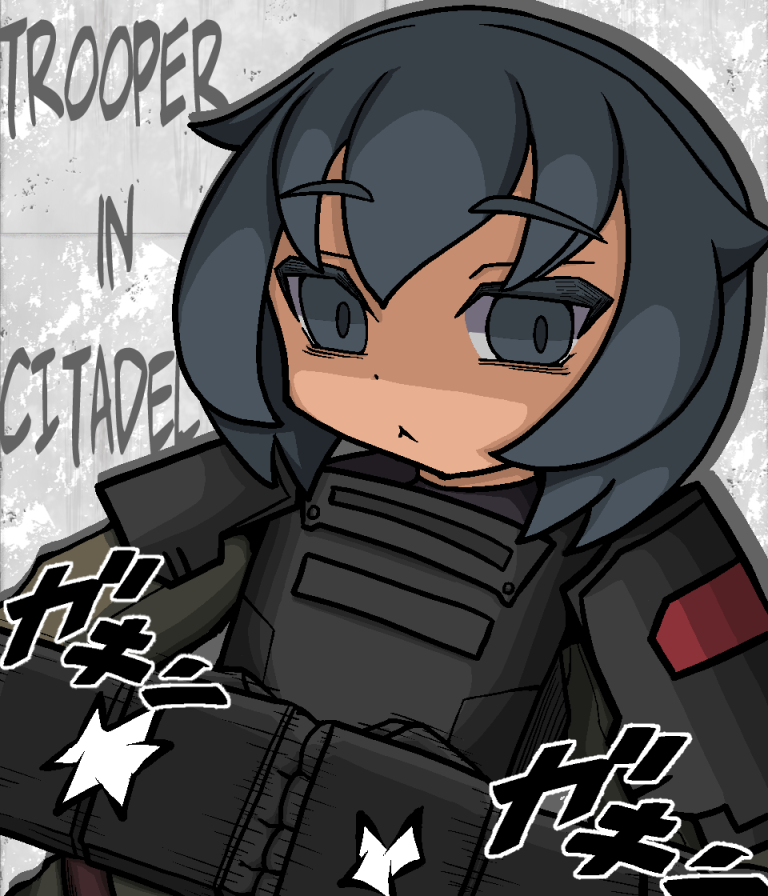 1girl, armor, black_gloves, character_name, copyright_name, english_text, gloves, green_shirt