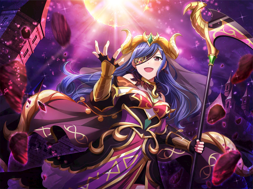 1girl, cosplay, dress, fake_horns, game_cg, gauntlets, goat_horns, headpiece