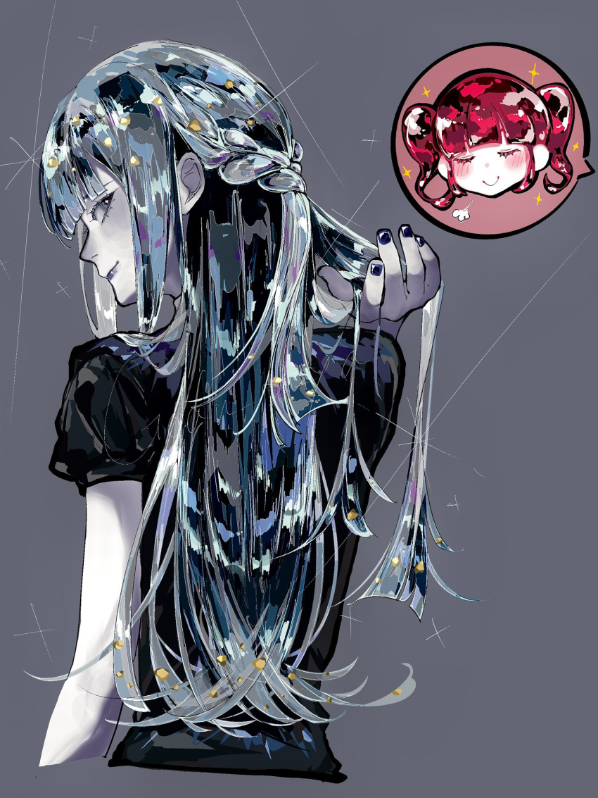 bare_arms, black_shirt, blue_eyes, blue_hair, blue_nails, colored_skin, commentary_request, gem_uniform_(houseki_no_kuni), goan_pizya, highres, houseki_no_kuni, lapis_lazuli_(houseki_no_kuni), long_hair, red_beryl_(houseki_no_kuni), shirt, short_sleeves, sparkle, white_skin