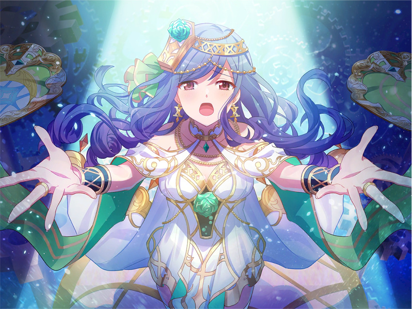 1girl, blue_hair, bracer, breasts, collarbone, dress, earrings, furrowed_brow