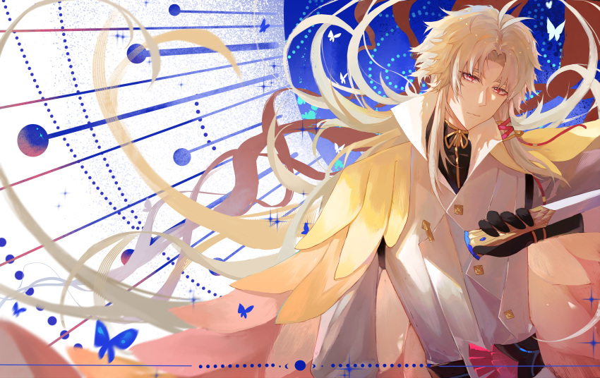 1boy, absurdres, antenna_hair, arm_at_side, baizhe_shi_tang, black_gloves, black_shirt, blonde_hair