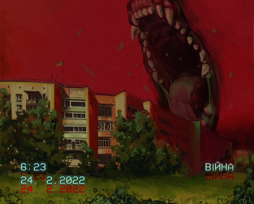 building, city, cityscape, commentary, dated, fangs, highres, historical_event