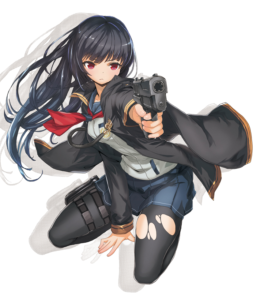 badge, between_legs, black_hair, black_legwear, blazer, foreshortening, gun, hand_between_legs