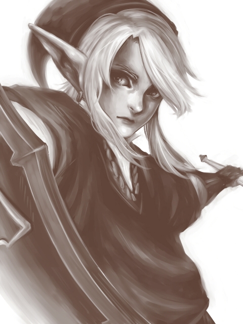 1boy, commentary_request, earrings, elf, illust, jewelry, link, master_sword, monochrome, pierrot31, pixiv, pointy_ears, sword, swordman, the_legend_of_zelda, weapon