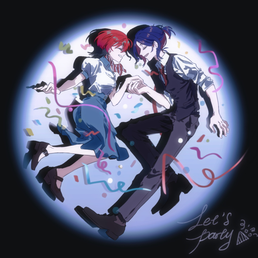 1boy, 1girl, alternate_costume, amate_yuzuriha, black_hair, black_shoes, black_vest, blue_hair