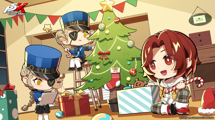 1boy, 2girls, :d, absurdres, armband, baton_(weapon), black_armband, black_shoes
