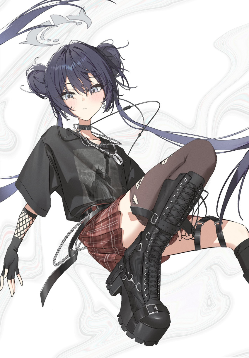 1girl, alternate_costume, black_boots, black_choker, black_gloves, black_hair, black_shirt, blue_archive, boots, choker, double_bun, earphones, earrings, fingerless_gloves, fishnet_gloves, fishnets, gloves, grey_eyes, grey_halo, hair_bun, halo, highres, jewelry, kisaki_(blue_archive), knee_boots, lace-up_boots, long_hair, looking_at_viewer, necklace, neptune_illust, o-ring, o-ring_thigh_strap, plaid_clothes, plaid_skirt, platform_boots, print_shirt, razor_blade, razor_blade_necklace, red_skirt, shirt, single_thighhigh, skirt, solo, thigh-highs, thigh_strap, twintails, white_background