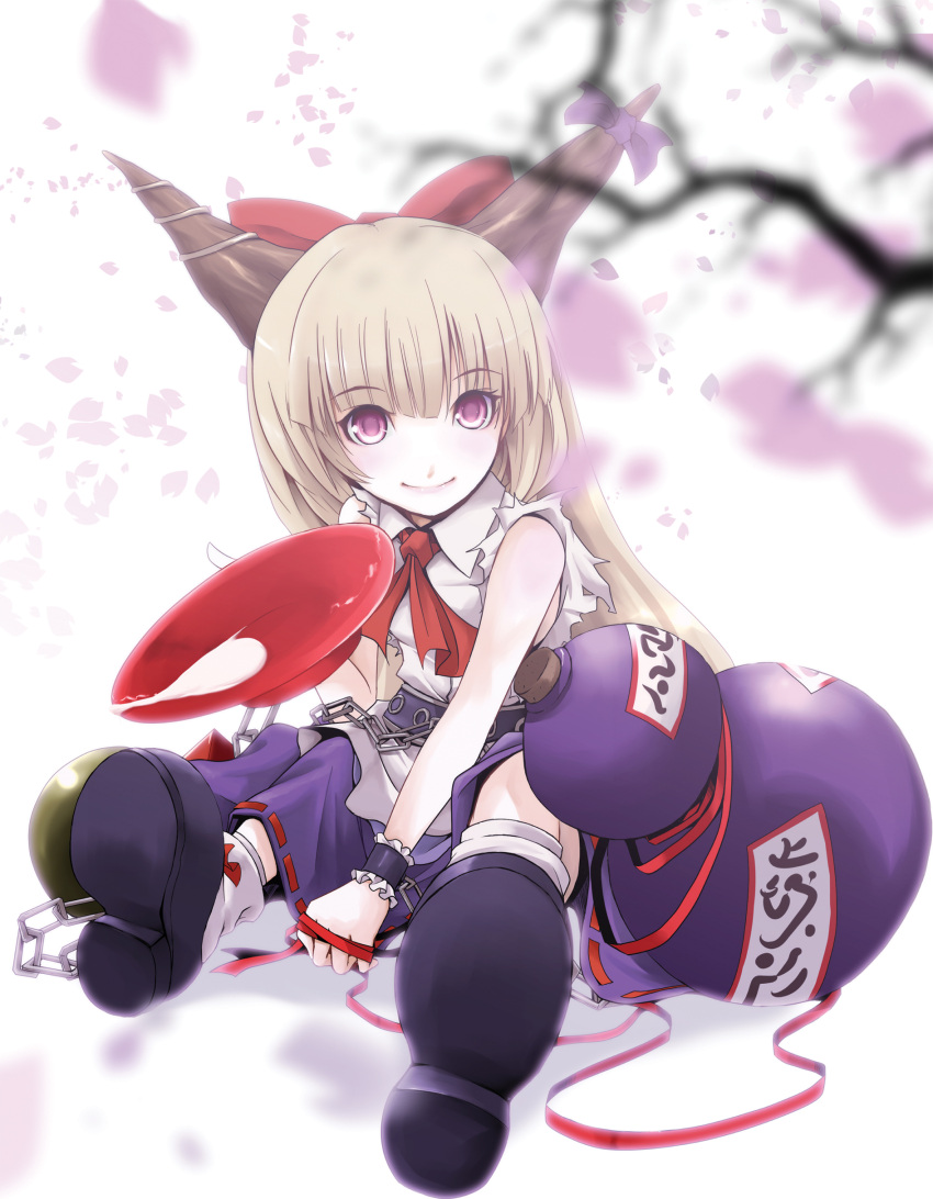 absurdres, bad_id, blonde_hair, bow, chain, cherry_blossoms, futami_kito, gourd