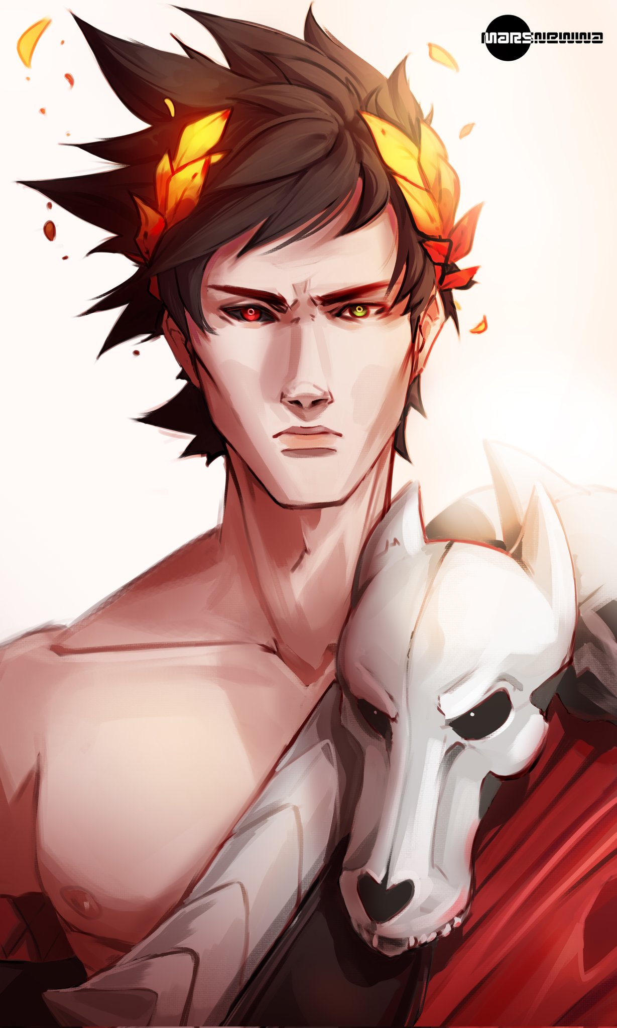 1boy, black_hair, commentary, cropped_shoulders, english_commentary, expressionless, hades_(hades), hades_(series), heterochromia, highres, looking_at_viewer, male_focus, portrait, sharp_teeth, snewwa, solo, straight-on, teeth