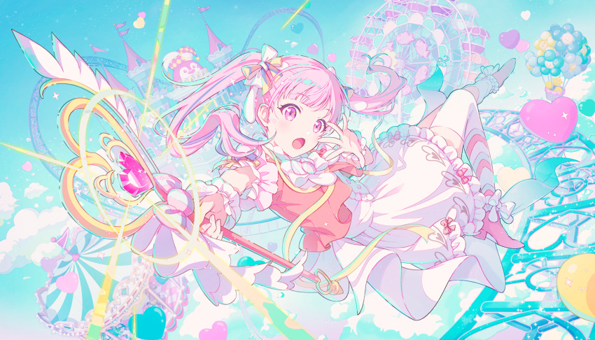 1girl, :o, amusement_park, ankle_boots, asymmetrical_legwear, back_ribbon, balloon, bloom_festival_(project_sekai)