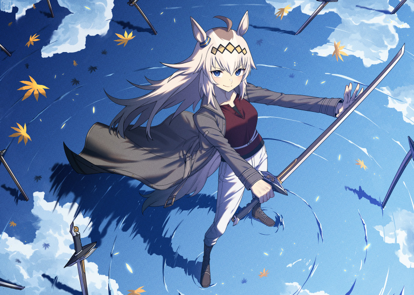 1girl, ahoge, animal_ears, black_boots, black_coat, blue_eyes, blush, boots