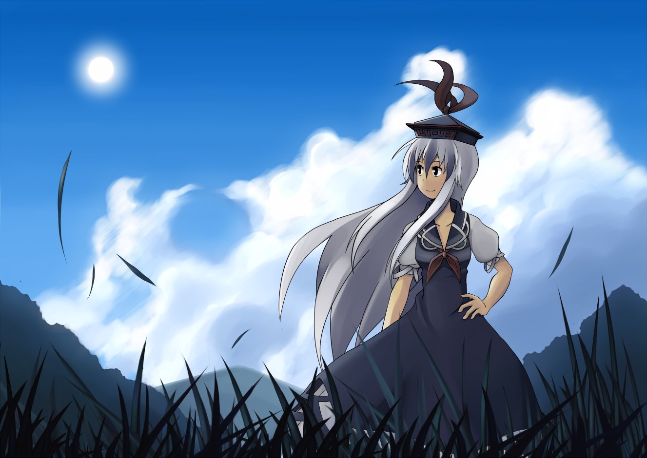 aroha_j, ascot, blue_hair, cloud, clouds, dress, grass, hand_on_hip